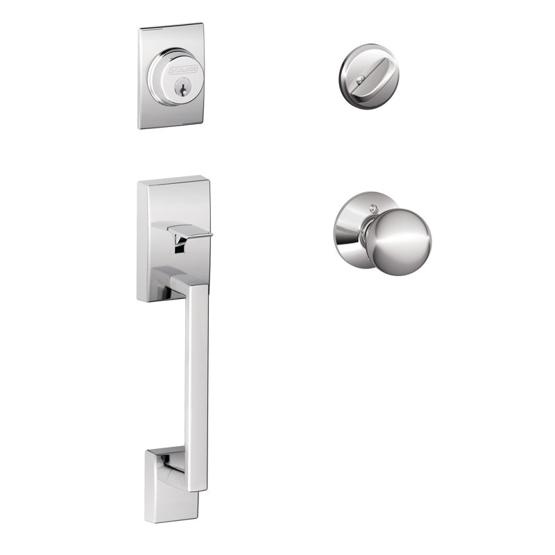 Jeu poignées century avec bouton de porte verrou et orbite à un cylindre et rosette, Chrome brillant