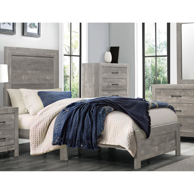 Lit simple en bois gris rustique, bois d'ingénierie, sommier à ressorts pour une chambre à coucher agréable, matériau en bois moderne, repos relaxant