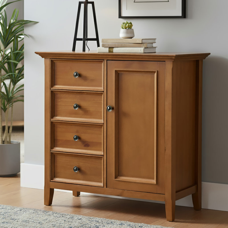 Amherst 32"W Solid Wood 2-Shelf Low Storage Cabinet with Adjustable Shelves and Tapered Legs, Light Golden Brown