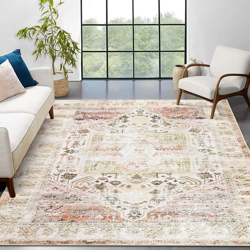 Rug Kitchen Hallway Entryway – Vintage Floral Oriental Design Non-Slip Stain Resistant Low Pile Floor Covering (Blue)