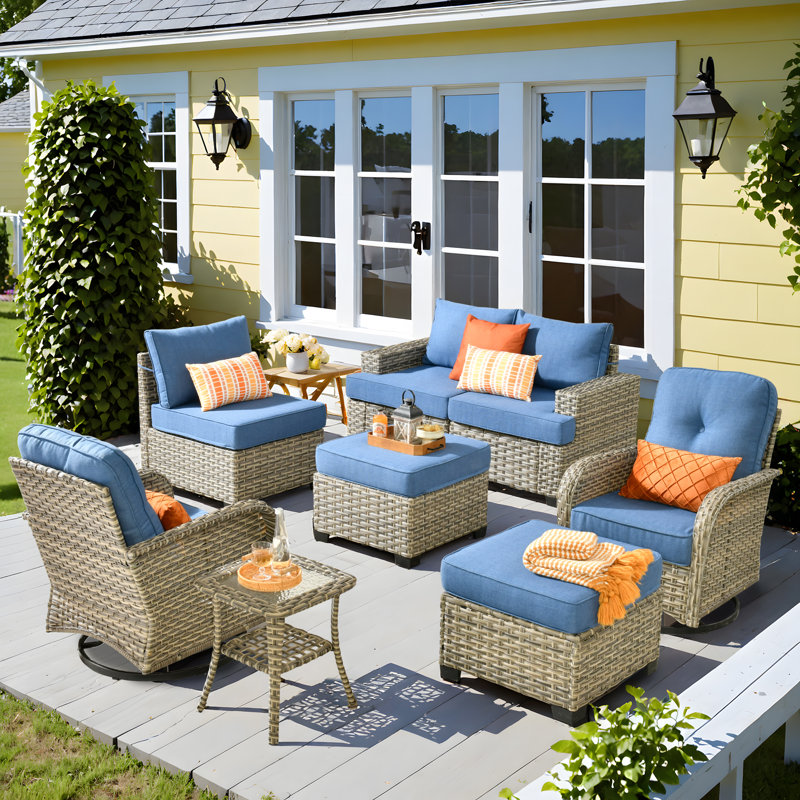 Carolle 9-Piece Outdoor Patio Furniture with fire pit,All-Weather 7-Person Pe Wicker Outdoor Conversation Set, Patio Couch Swivel Rocker Chairs With Solar Powered Coffee Tables For Backyard,Poolside,Deck