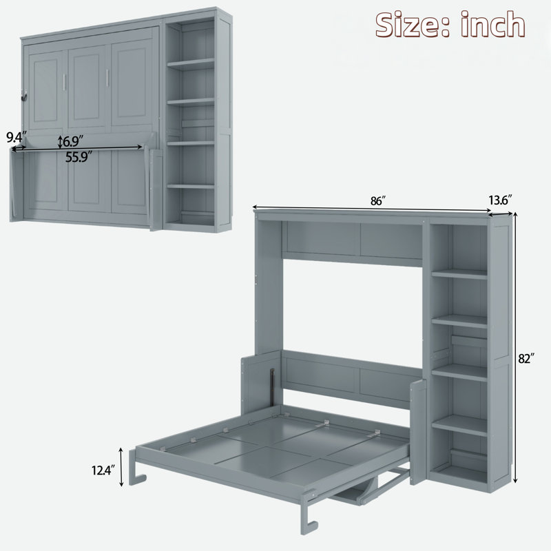 Lit escamotable avec bureau et tablettes Murphy, Gris, Lit double