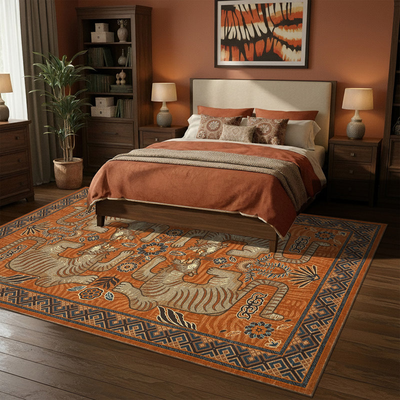 lxt-Washable Tiger Area Rug Boho Blue Vintage Tribal Animal Print Carpet Non-Slip Mark Resistant Modern Decor for Living Room, Bedroom, Office