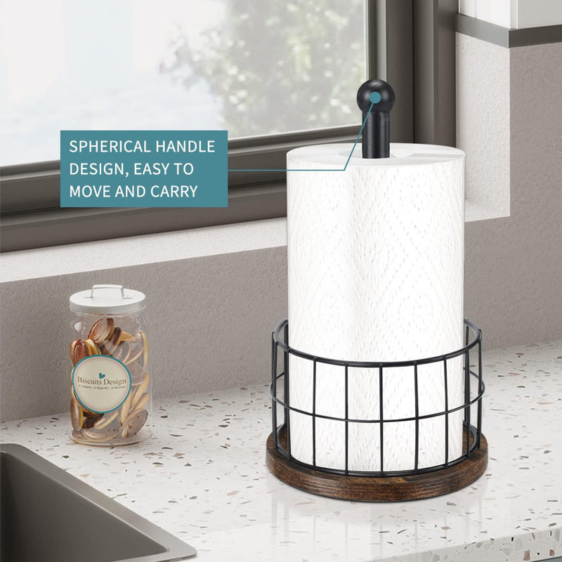 Black Metal and Brown Wood Countertop Paper Towel Holder