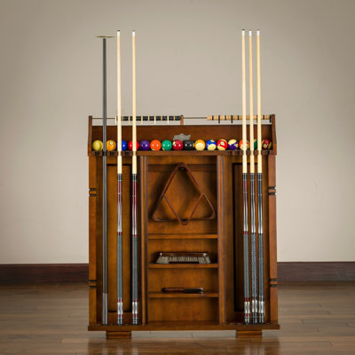 American Heritage Providence Rack - Wood Billiard Cue & Ball Storage, Holds up to 12 Cues, Built-In Scoring System & Accessory Shelves, Suede Finish