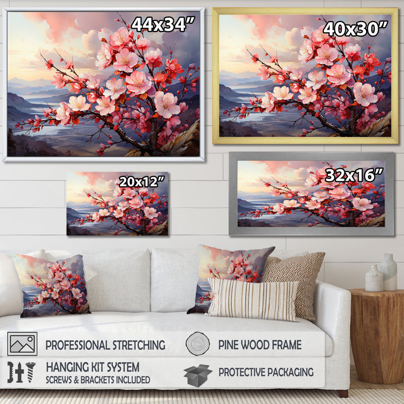 " Apple Blossom Sunset ", 12" H x 20" W x 1" D, Gold Picture Framed Canvas