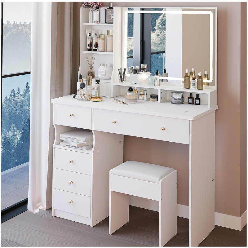 41" Large Size Left Drawer Desktop Vanity Table+Cushioned Stool, Extra Large Touch Control LED Mirror, 3-color Switch, Multi Layer High Capacity Storage Fashionable Dresser, Suitable For Large Space