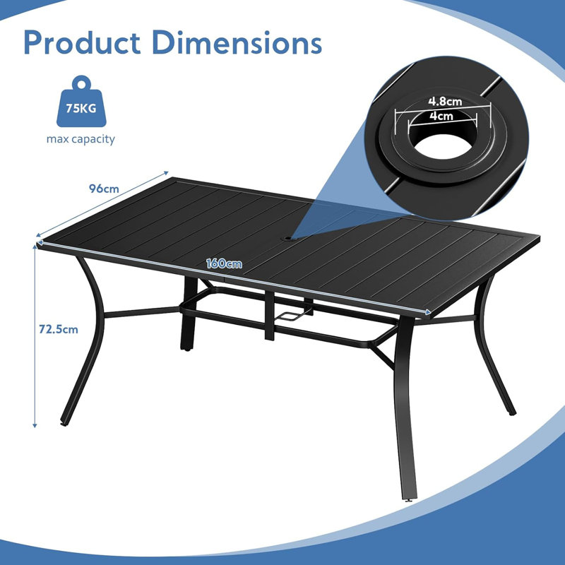 Rectangular Metal Outdoor Picnic Table With Umbrella Hole , 96cm W 160cm D