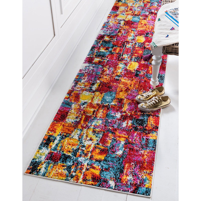 Tapis bleu / rose à motif géométrique Tanguay, Tapis de couloir 2 pi x 6 pi
