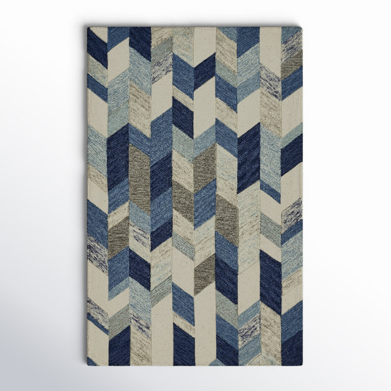 Tapis graphique touffeté à la main, bleu / ivoire, Rectangle de 5 pi x 8 pi