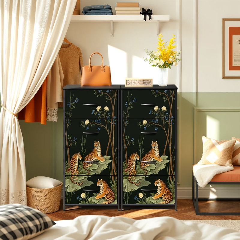 Commode pour chambre à coucher avec 4 tiroirs de rangement avec pivoines blanches, arbres, tigres, style chinoiserie, aquarelle, commode, commode en acier et armoire pour vestibule