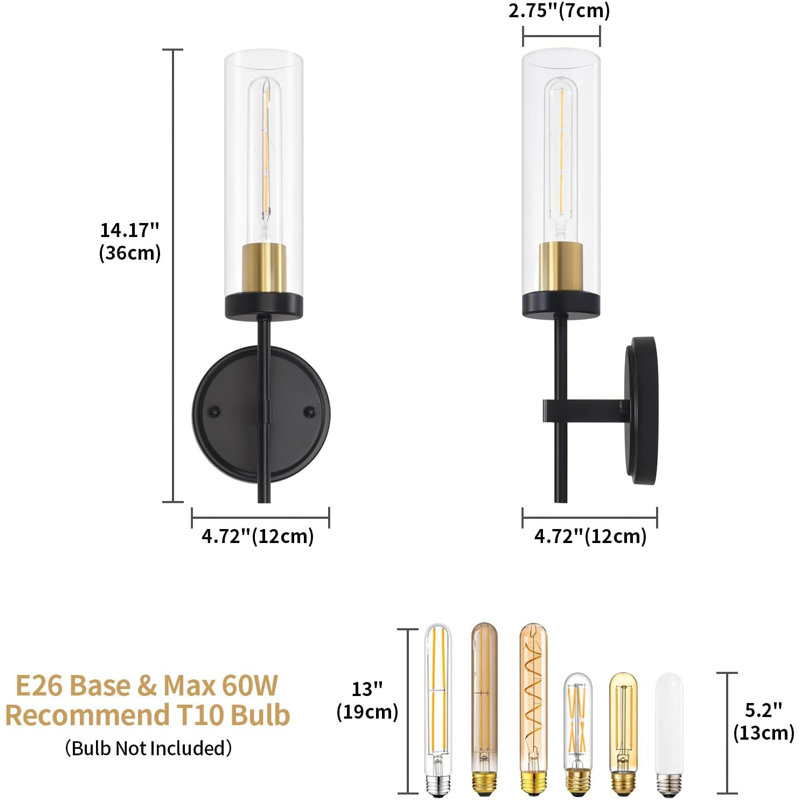 Modern Wall Sconces Set Of 2, Black And Gold Hardwired Vanity Lights With Clear Glass Shade, Indoor Wall Lighting For Bathroom, Bedroom, Living Room, And Hallway