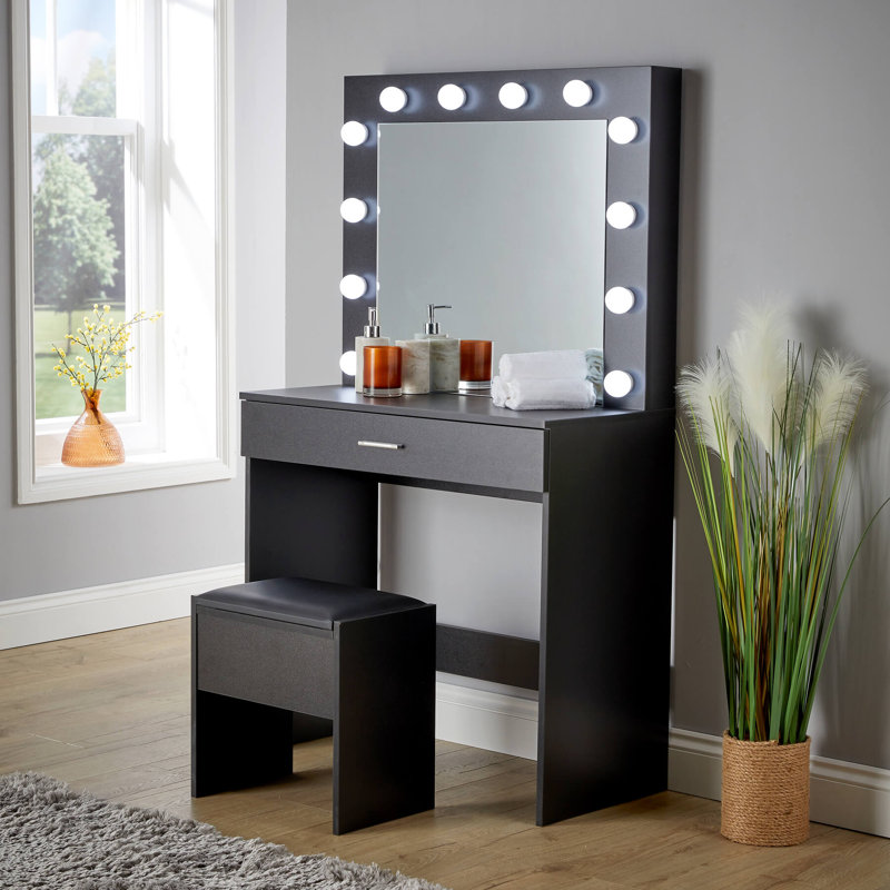Reniya 1 Drawer Dressing Table Set with LED Mirror, Black