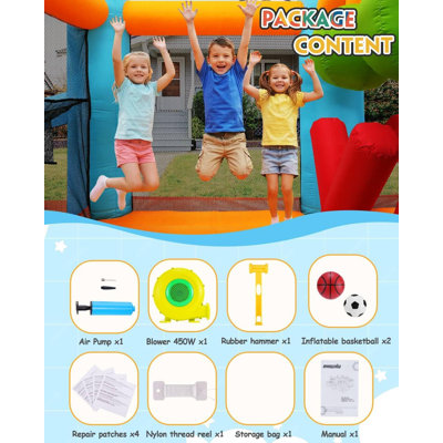 Jeu gonflable de 114 po x 104 po, château gonflable 6 en 1 avec soufflerie, glissade, aire de rebond, piscine, lancer à anneaux, filet à balles, panier de basketball