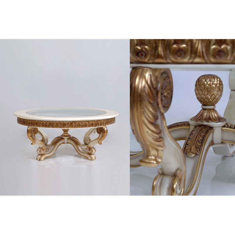 Glass Coffee Table, 25" H x 47" W x 47" D, Antique Beige/Dark Gold