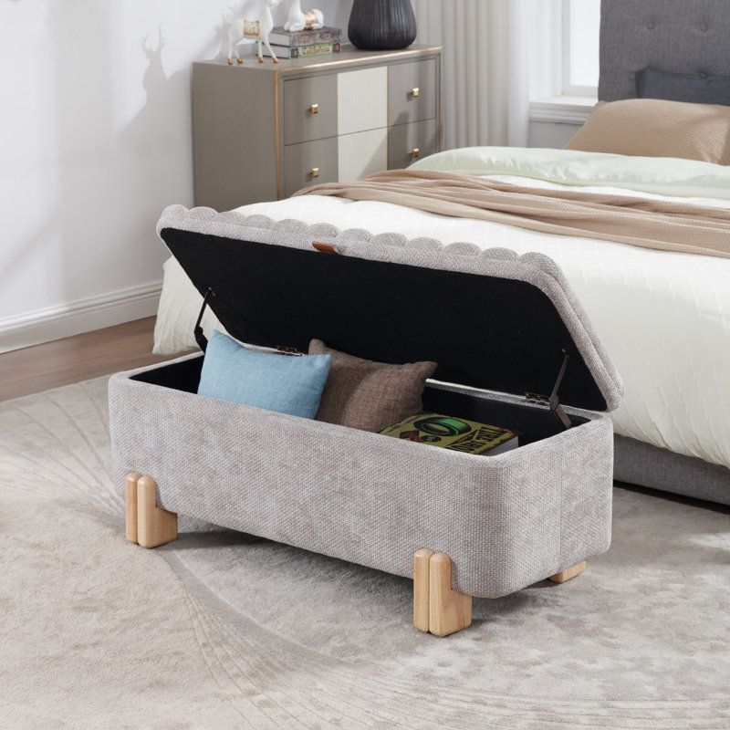 Upholstered Flip Top Storage Bench With Solid Wood Legs, Gray Velvet, Cream
