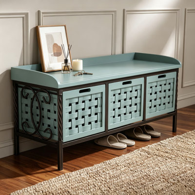 Home Collection Isaac Dusty Green Wooden Storage Bench with Drawers, Entryway and Mudroom Seating, Iron Frame Design, Fully Assembled