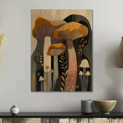 Folk Art Mushroom Meadow - Orange Mushrooms Wall Art, Printed on Wood