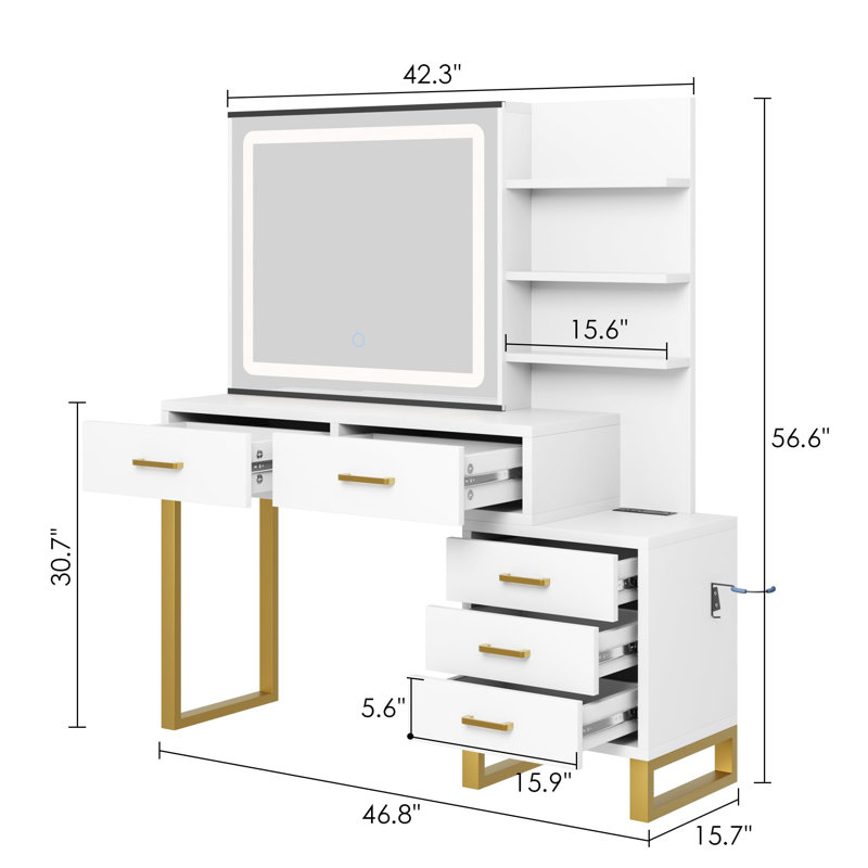 Meuble-lavabo Stafan avec miroir et lumière DEL - 3 modes d'éclairage, station de charge, 5 grands tiroirs et 3 niveaux de tablettes ouvertes pour la chambre à coucher