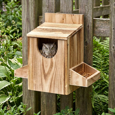 Grande maison de hibou en bois massif fabriquée à la main, nichoir naturel suspendu pour l'extérieur convenant aux hiboux, aux chouettes, aux oiseaux bleus et aux douves; boîte de jardin décorative en bois paulownia; Habitat durable pour les oiseaux avec perchoir séparé