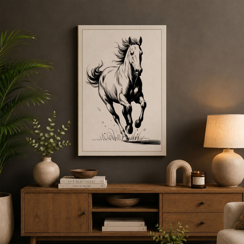 Horse in Motion Japandi 1 Piece Wrapped Canvas Wall Art, 36x24 - 91.4 x 61.0 cm, Sage Border