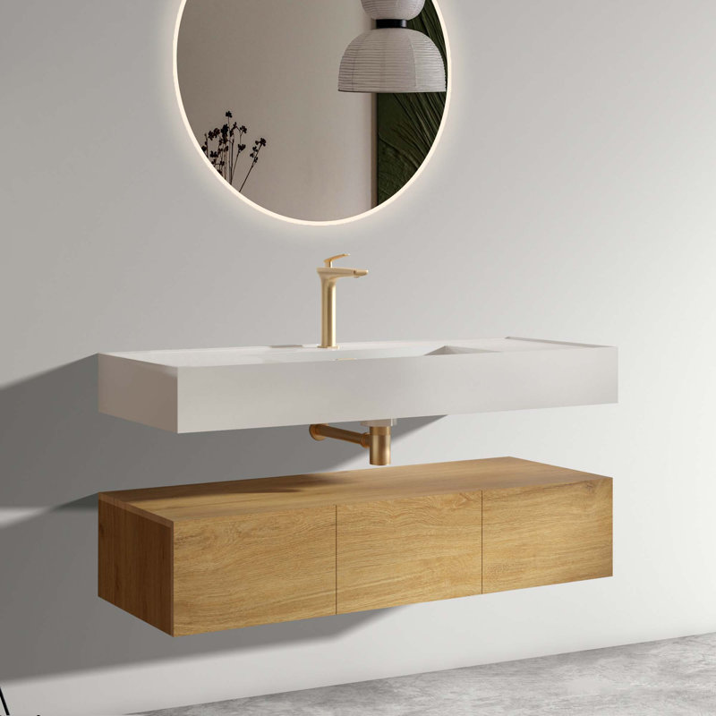 Meuble-lavabo mural avec lavabo et 3 portes à fermeture douce, Naturel