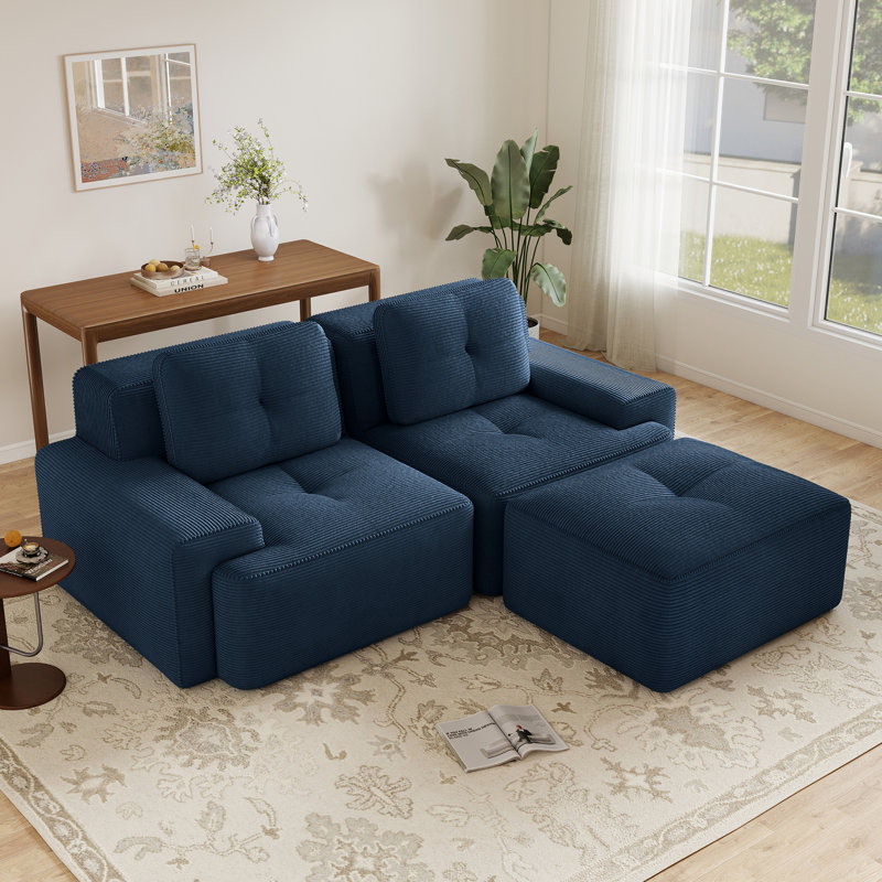 Canapé modulaire moderne en forme de L, tissu de velours côtelé à compression et sans assemblage, Bleu