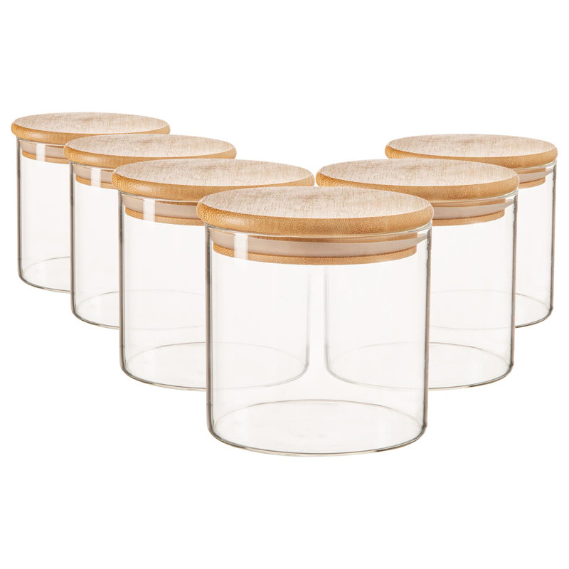 Argon Tableware - Scandi Glass Storage Jars with Wooden Lids - Set of 6, 9.5cm H x 10cm W x 10cm D