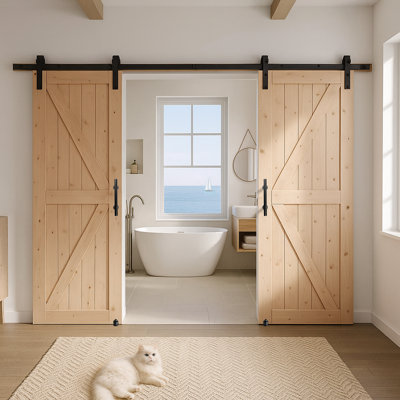 Panelled Wood Unfinished Double Barn Door with Installation Hardware Kit