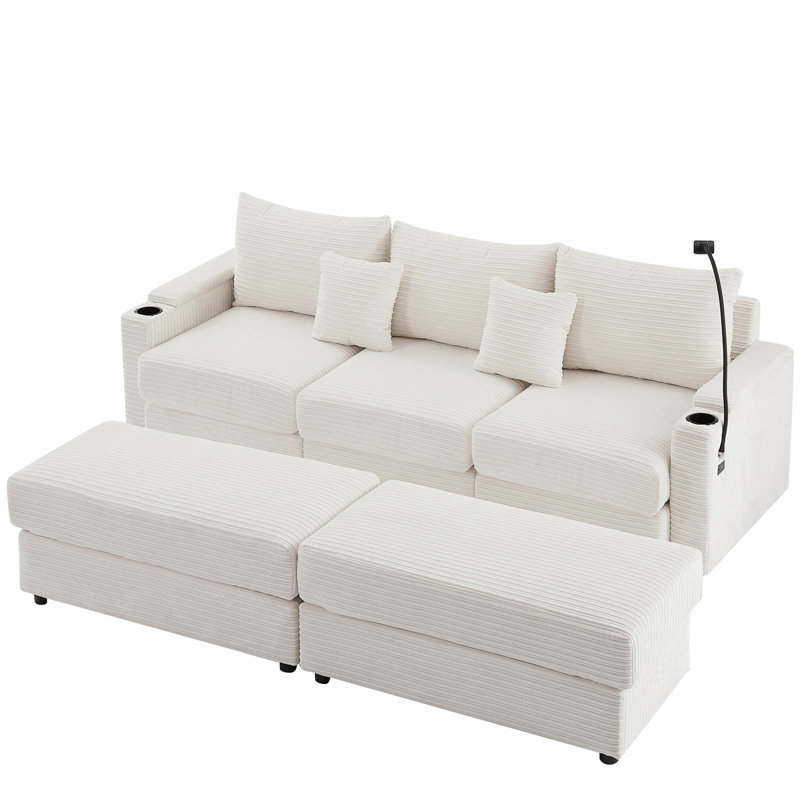 Canapé modulaire multifonctionnel avec repose-pieds, H 33,7 po x l 95,3 po x P 35,4 po, Velours côtelé beige