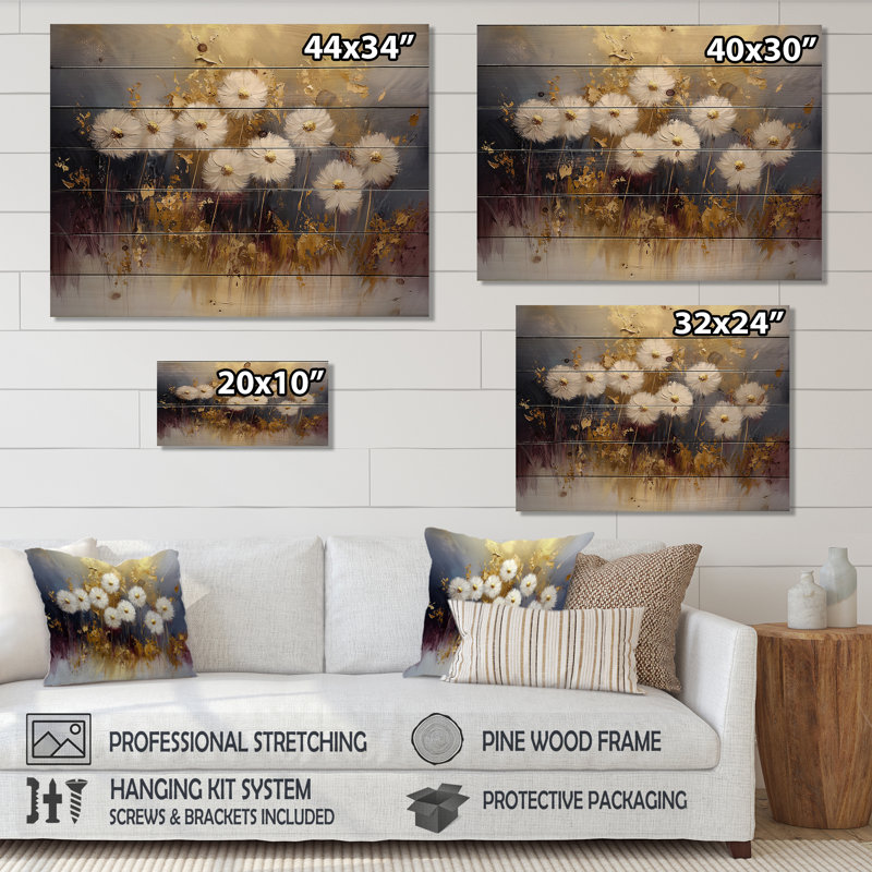 Golden Dandelion Harmony - Décoration murale en bois de pissenlit - sur bois de pin naturel, H 24 po x l 32 po x P 0,78 po
