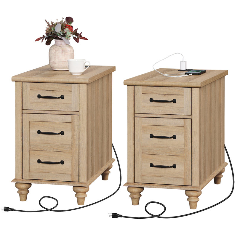 Francene 2 - Drawer End Table Set and Built-In Outlets, Oak