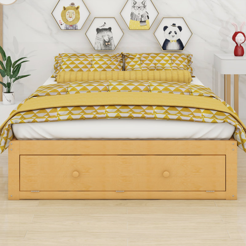 Modern Platform Bed Frame with 4 Drawers & Hydraulic Lift Footboard Storage, No Headboard, Natural