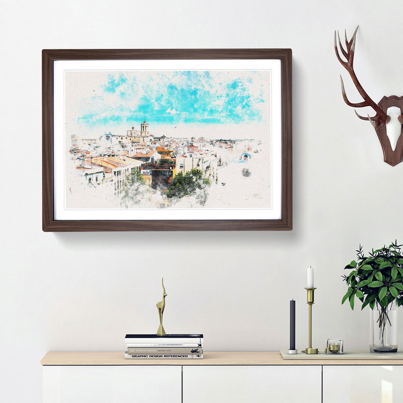 View Of Tarragona In Spain Watercolour - Framed Print, 33cm H x 45cm W x 2cm D, Walnut