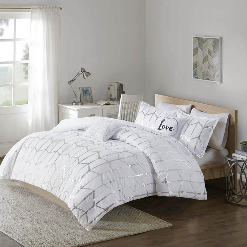 Courtepointe double / grand - imprimé géométrique argenté sur fond blanc, microfibre douce, 2 taies décoratives, coussins décoratifs, imprimé couette lavable à la machine, literie tendance