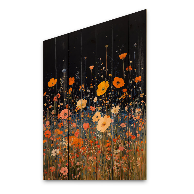 Yellow Wildflowers Mid Night Meadow III - Wildflowers Wood Wall Art - On Natural Pine Wood, 20" H x 10" W x 0.78" D