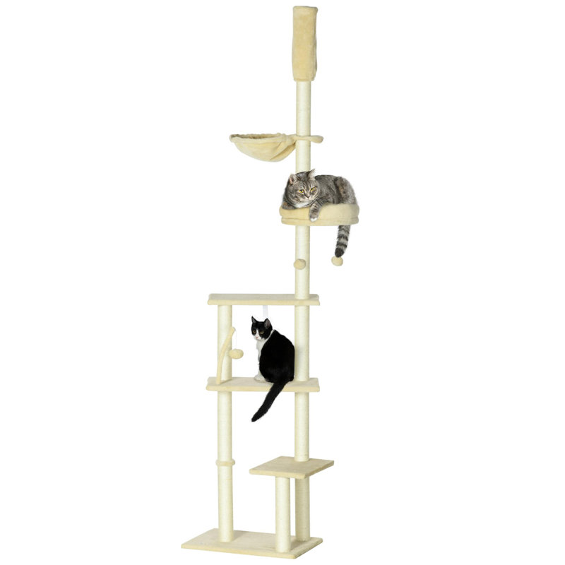 Arbre à chat du sol au plafond, hauteur réglable de 90,5 po à 98,5 po, tour d'escalade pour chat avec plateformes tapissées, lit douillet, hamac, poteaux à griffes, boules de jeu, centre d'activités pour chatons