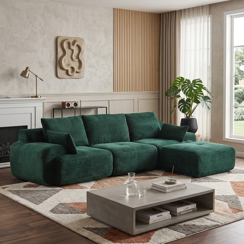 Modern Extra Deep Compression Corduroy Modular Sectional, Green