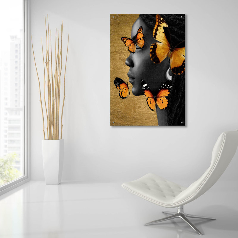 Art mural en verre épique «Monicolore Golden Butterfly 1» par Alonzo Saunders, 24 po x 36 po, H 36 po x l 24 po