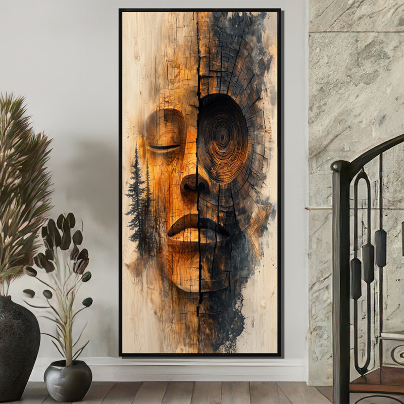 Keliah Totem, tour inuite dans un paysage de forêt I - Art mural amérindien, H 60 po x l 28 po, Noir