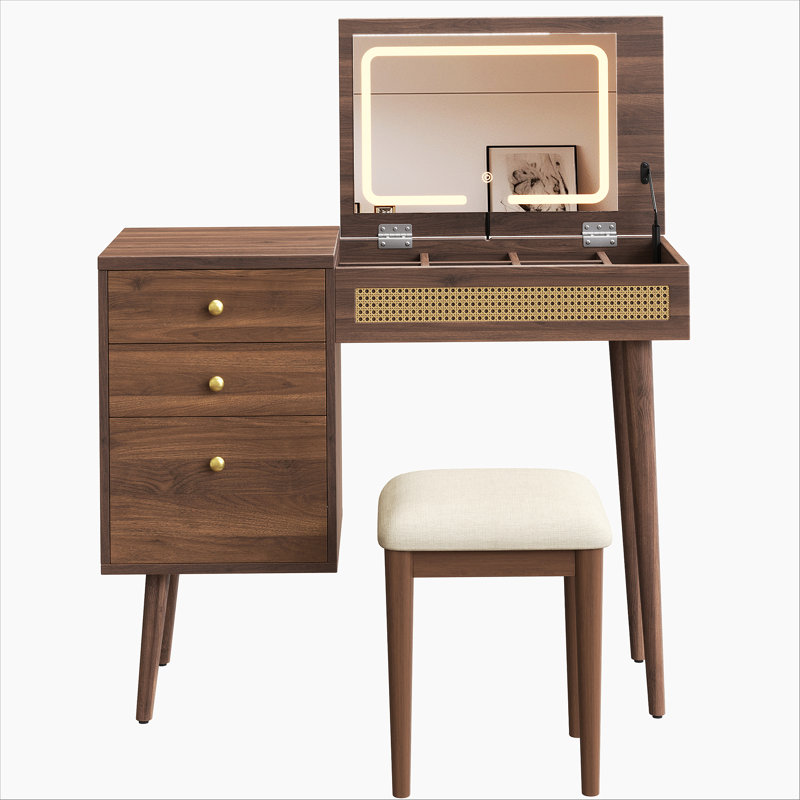 39 Inch Retro Bohemian Style Vanity Desk With Mirror, LED Lights, And Storage, Perfect For Makeup And Small Spaces