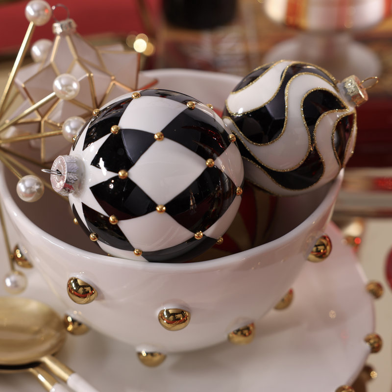 Ensemble de 4 boules de Noël en verre à motif arlequin noir et blanc de 12 cm (4,75 po), ensemble de 4