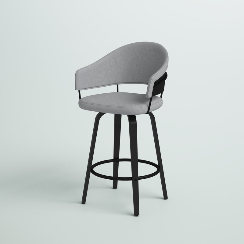 Gretchen Swivel Counter or Bar Height Bar Stool with Arms in Faux Leather, Wood and Black Steel, Gray Faux Leather, Black