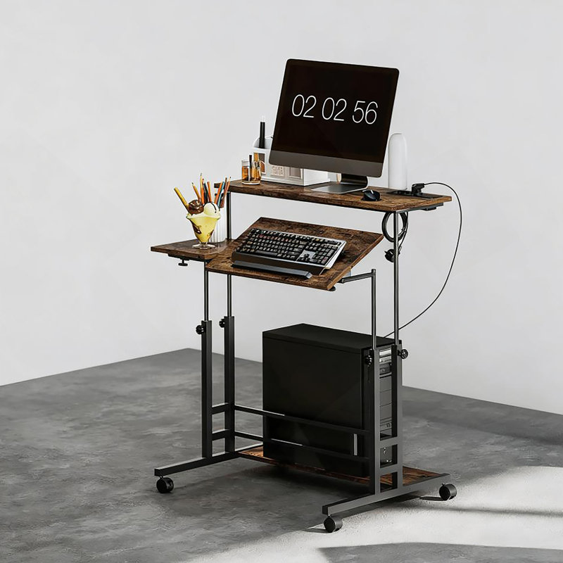 Bureau debout réglable avec plateau inclinable, station de charge intégrée et roues verrouillables pour une productivité et un confort accrus