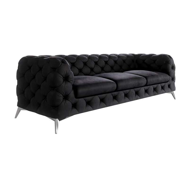 Chesterfield Sofa  3 Seater with Silver Metal Legs, Black