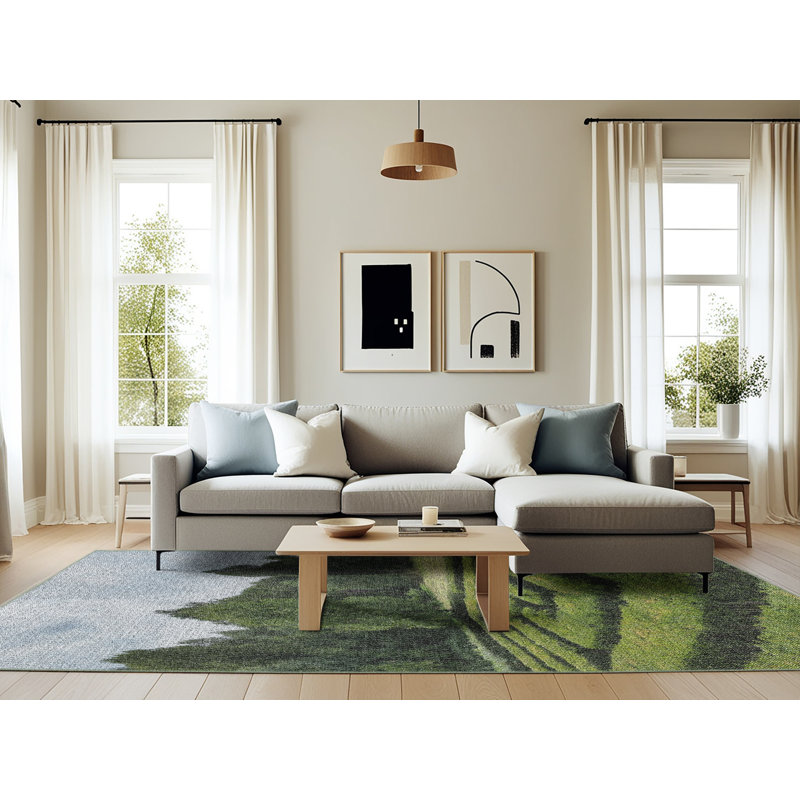 Tapis vert/bleu tissé à la machine, Rectangle 6 pi x 9 pi