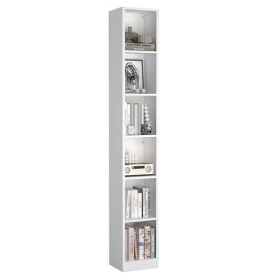 Bibliothèque autoportante blanche à 6 niveaux en métal, tablette de rangement étroite et ouverte avec système anti-basculement, présentoir en acier laminé à froid pour salon, chambre et bureau