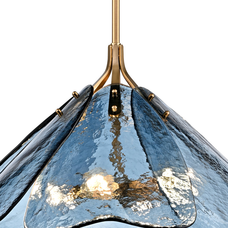 Suspension Florenza de 71 cm (28 pouces) en laiton satiné et verre bleu, H 14 po x l 28 po x P 28 po, 6 lumières