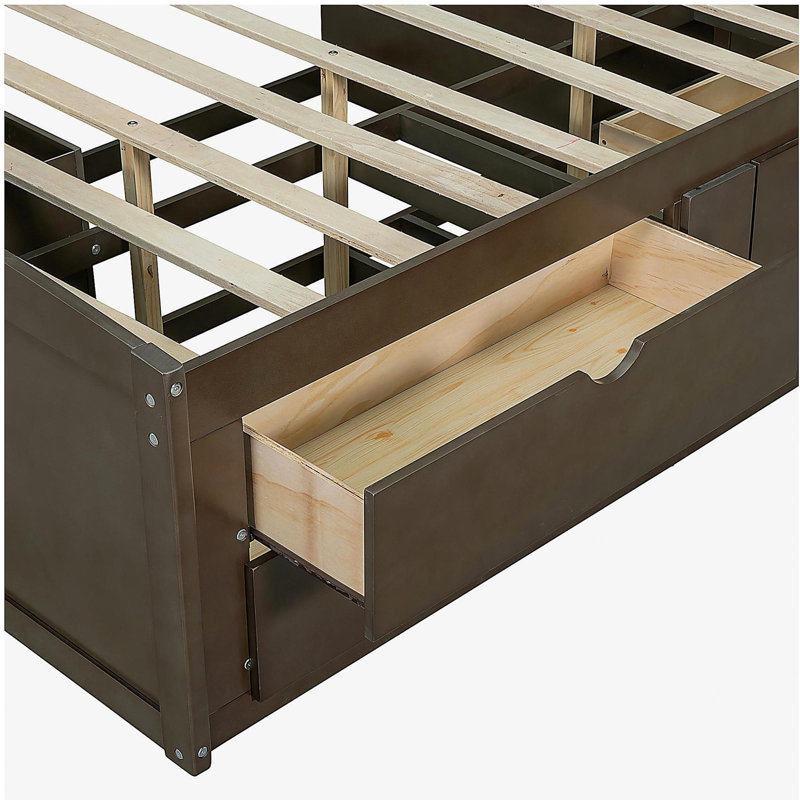 Lit double en bois de style japonais avec 2 tables de chevet, une tablette supérieure et 4 tiroirs, brun rétro, Antique Brown