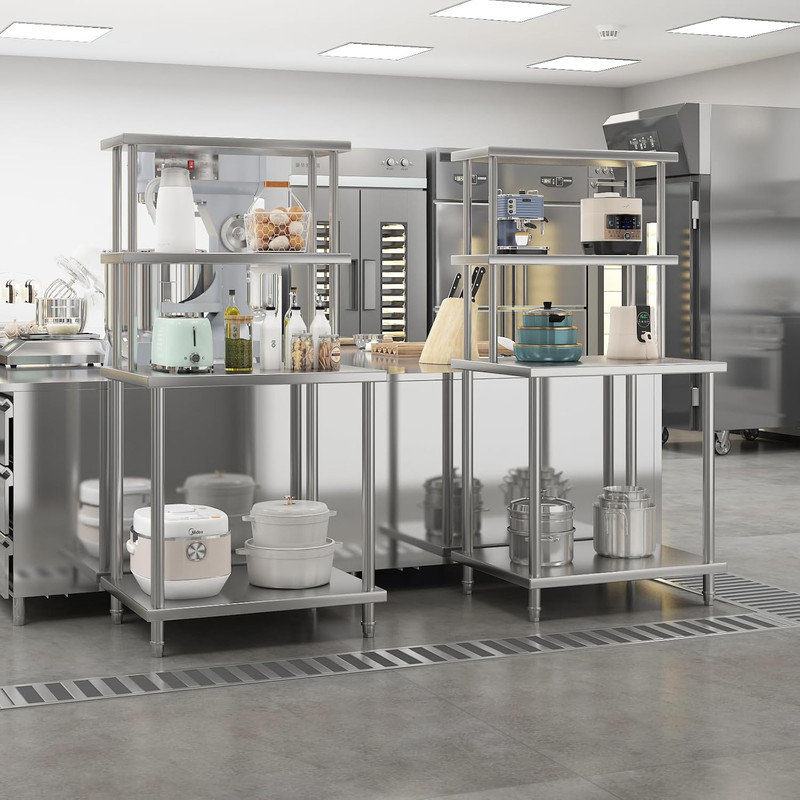 Table de travail en acier inoxydable avec tablettes réglables, table de préparation commerciale pour restaurant et cuisine